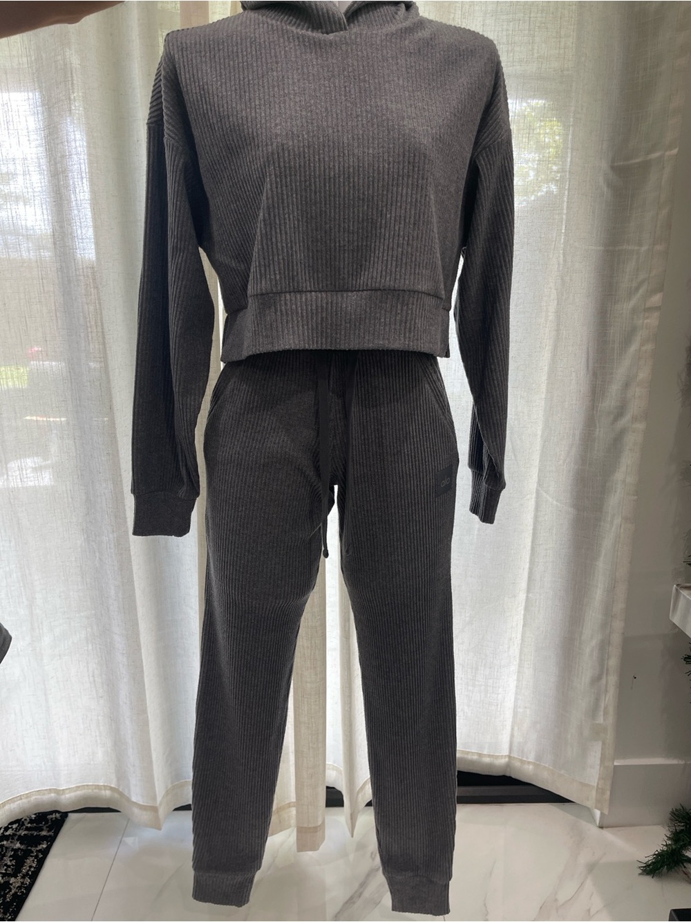 ALO Yoga Ribbed Hooded Loungewear Set in Heather Gray. Top XS, bottom XXS.
